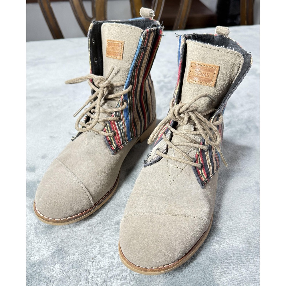 TOMS Boots Womens Size‎ 7 Tan Suede Multi Color Stripe Ankle Lace Up Zip Casual